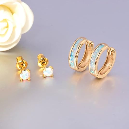 Earrings Opal Hinged Hoop Earrings Gold Plated Hypoallergenic Small Hoop Earrings for Women Teen Girls Men Sensitive Ears