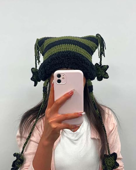 Knitted Hat Cute Cat Beanie Warm Loose Crochet Hat Women