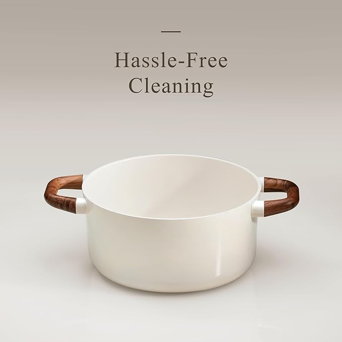 5QT Nonstick Stock Pot with Lid, 5 Quart Casserole with Ladle, Even Heating Stockpot, Fits All Stoves, Non Stick Big Cooking Pots PFOA Free, White