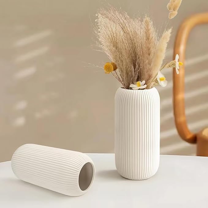 Ceramic Vase for Flowers – Modern Small Ribbed Textured Flower Vase for Home Decor, Pampas Grass, Decorative, Farmhouse, Coffee Table, Kitchen Centerpieces, Bookshelf and Home Living (White)