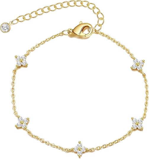 Bracelets for Women 14K Gold Silver Plated Ring Bracelet Hand Chain Dainty Evil Eye Heart Clover Daisy Cubic Zirconia Stackable Link Chain Hypoallergenic Body Jewelry Cute Trendy Gifts
