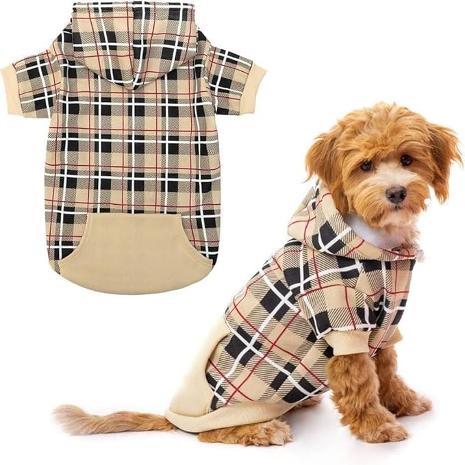 Plaid Dog Hoodie - British Style Warm Dog Sweater Shirt with Leash Hole,Pitbull Clothes Outfits,Winter Coat Apparel for All Breeds Puppy Girl Boy-Cat Apparel,Beige Medium
