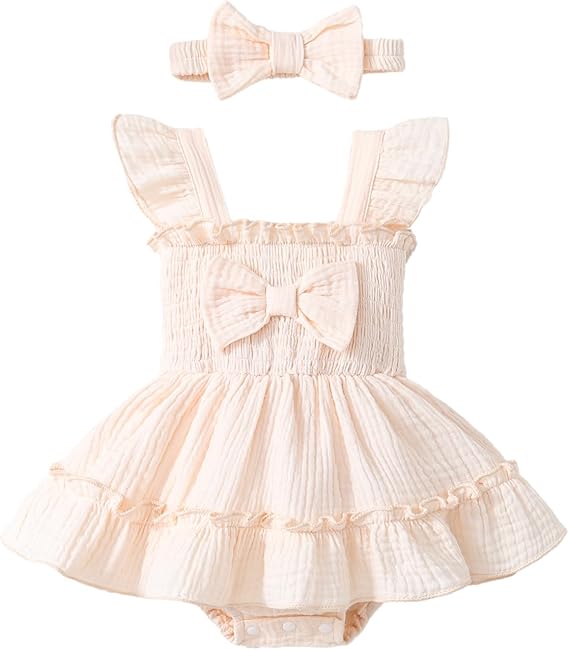 Newborn Baby Girl Summer Clothes Sleeveless Smocked Romper Dress Ruffles Jumpsuit Bodysuit with Bow Headband