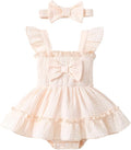 Newborn Baby Girl Summer Clothes Sleeveless Smocked Romper Dress Ruffles Jumpsuit Bodysuit with Bow Headband