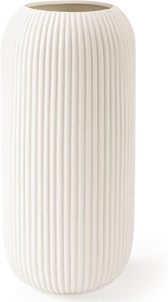 Ceramic Vase for Flowers – Modern Small Ribbed Textured Flower Vase for Home Decor, Pampas Grass, Decorative, Farmhouse, Coffee Table, Kitchen Centerpieces, Bookshelf and Home Living (White)