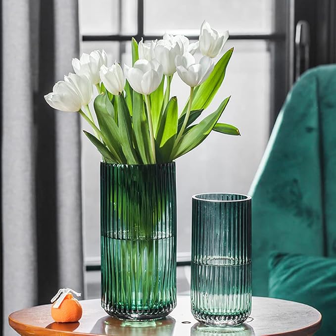 7.5" Flower Vase for Decor Ribbed Glass Vase Modern for Centerpieces Desktop Home Office Dining Living Room Wedding (Green)