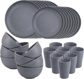 32pcs Wheat Straw Dinnerware Sets,Unbreakable Dinnerware Sets for 8,Reusable Tableware,Dishes Set for 8,Plates and Bowls Set Dark Grey Include16pcs Plates, 8pcs Bowls, 8pcs Cups