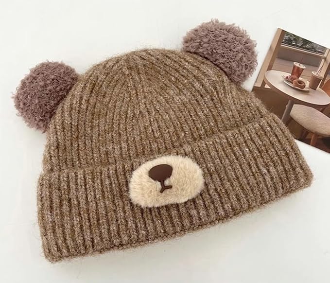 Crochet Beanie Bear Ear Cute Shape Knitted Hats Warm Plush Slouchy Winter Hat Skin-Friendly Fuzzy Animal Skull Cap