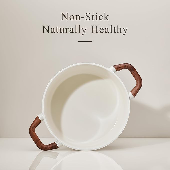 5QT Nonstick Stock Pot with Lid, 5 Quart Casserole with Ladle, Even Heating Stockpot, Fits All Stoves, Non Stick Big Cooking Pots PFOA Free, White