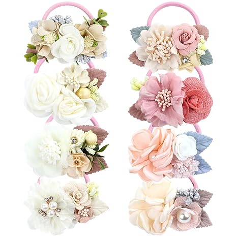 8 Pack Decorative Pearl Flower Hair Ties Rubber Bands Floral Ponytail Holders Hair Scrunchies Ropes Elastics Accessories for Toddlers Kids Teens Girls