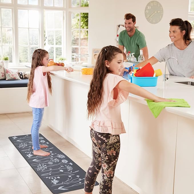 2 Pcs Kitchen Rugs and Mats, Cushioned Anti-Fatigue Floor Mat, PVC Non-Slip Waterproof Kitchen Rug Set for Kitchen, Office, Sink 17"x47"+17"x29" (Grey)