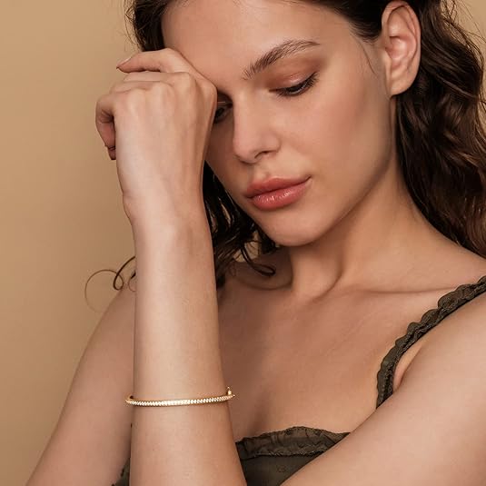 14K Gold Plated Cubic Zirconia Bangle Tennis Bracelets for Women | Classic Love Cuff Bangle Bracelets