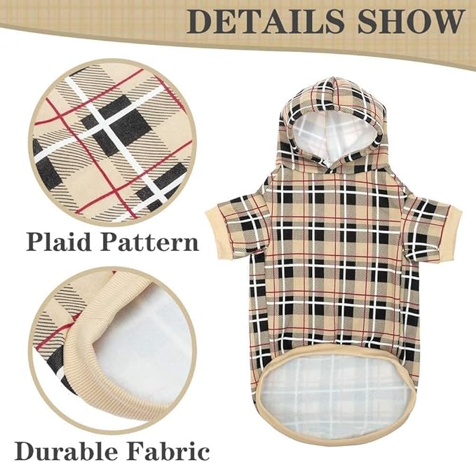 Plaid Dog Hoodie - British Style Warm Dog Sweater Shirt with Leash Hole,Pitbull Clothes Outfits,Winter Coat Apparel for All Breeds Puppy Girl Boy-Cat Apparel,Beige Medium
