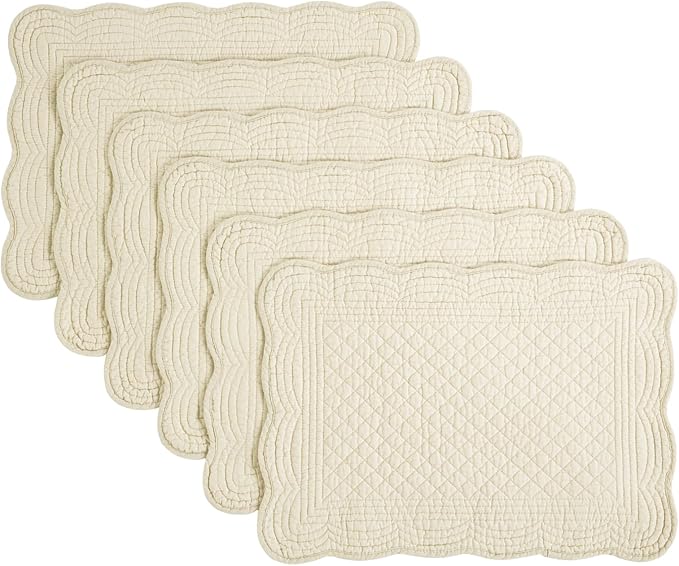 Quilted Placemats Set of 6 Washable-13x18 inches Rectangular Placemats for Kitchen Table-100% Cotton Fabric Rectangular Table Mats, (Flax)