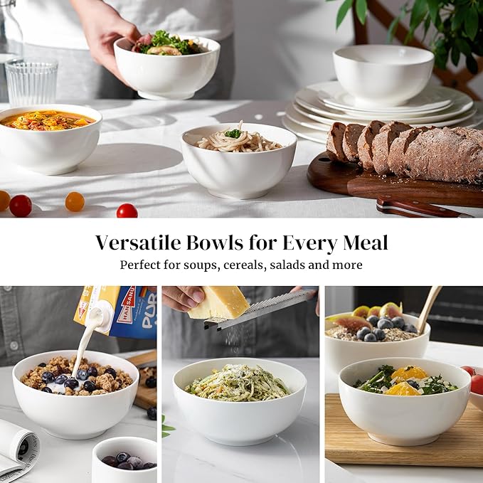 22 OZ White Ceramic Bowls Set of 4 - Perfect for Soup Bowls for Kitchen, Cereal Bowl, Ramen Bowl, Microwave Safe for Oatmeal, Fruit,Salad and Rice Bowl - Dishwasher & Microwave Safe