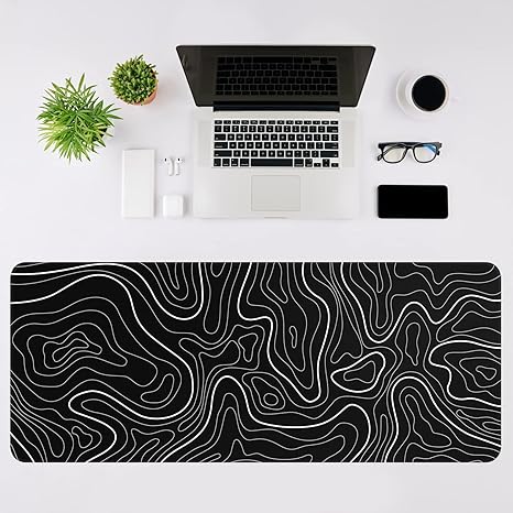 Mouse Pad Gaming Mousepad 31.5 x 11.8in Large Mouse Pad for Keyboard and Mouse with Anti-Slip Rubber Base, Keyboard Pad XL Mouse Mat for Home and Office（Black with White Topographic Line）