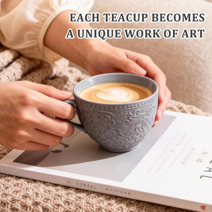 Sophisticated English Afternoon Tea Set, Good for Tea & Latte, Embossed Vintage Cup & Saucer in Slate Grey and Sage Green, 8.5oz Microwave & Dishwasher Safe Stoneware