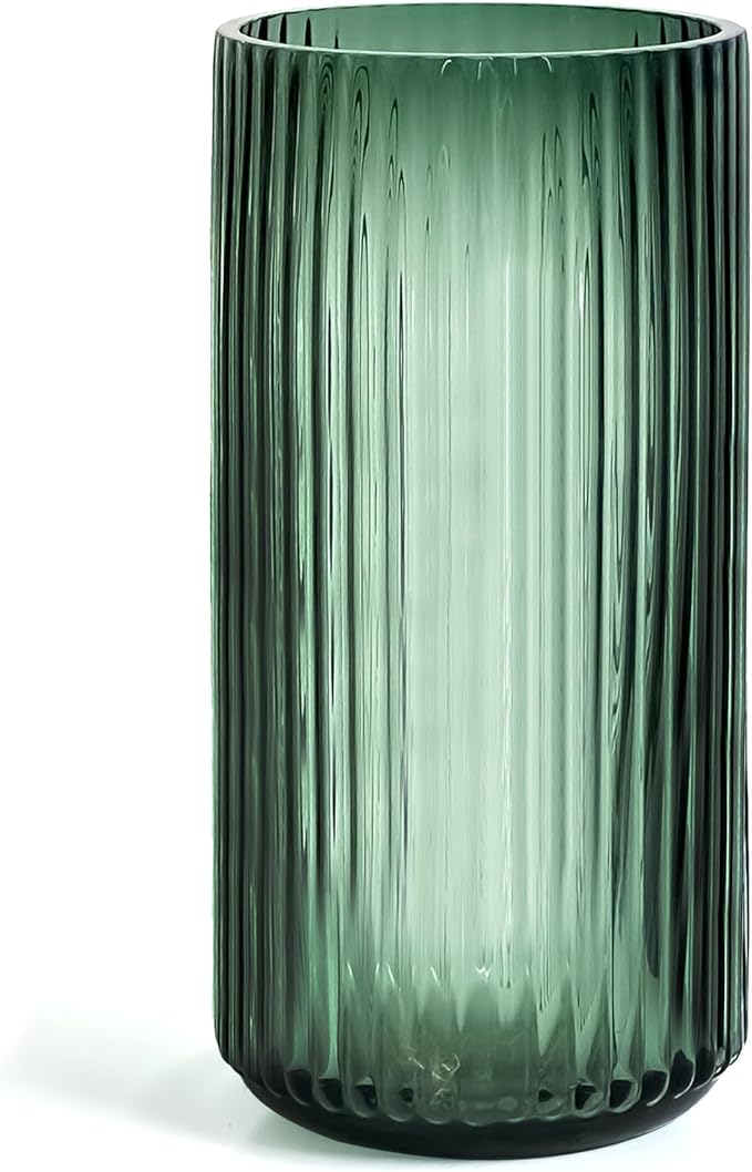 7.5" Flower Vase for Decor Ribbed Glass Vase Modern for Centerpieces Desktop Home Office Dining Living Room Wedding (Green)
