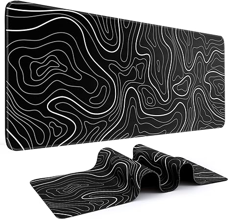 Mouse Pad Gaming Mousepad 31.5 x 11.8in Large Mouse Pad for Keyboard and Mouse with Anti-Slip Rubber Base, Keyboard Pad XL Mouse Mat for Home and Office（Black with White Topographic Line）