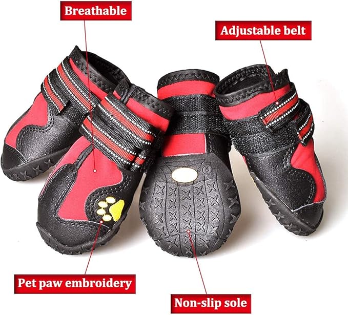 Dog Boots for Dogs Non-Slip, Waterproof Dog Booties for Outdoor, Dog Shoes for Medium to Large Dogs 4Pcs with Rugged Sole Black-Red