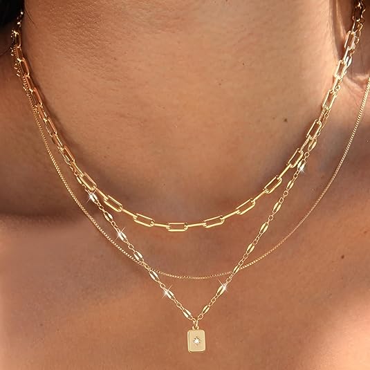Layered Gold Necklaces for Women Trendy, 3 Pcs 14K Gold Plated Choker Paperclip Box Chain Necklace, Stackable Women's Gold Pendant Necklaces Jewelry Set