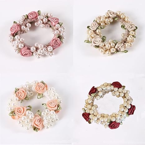 Crystal Hair Tie Fancy Elastic Hair Bead Ponytail Holder Handmade Rhinstone Hair Accessories For Women And Girls (3-flower with pearl 4 pcs)