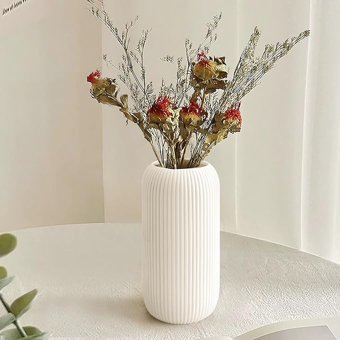 Ceramic Vase for Flowers – Modern Small Ribbed Textured Flower Vase for Home Decor, Pampas Grass, Decorative, Farmhouse, Coffee Table, Kitchen Centerpieces, Bookshelf and Home Living (White)