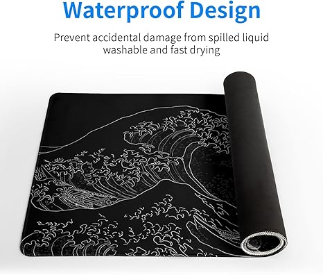 Sea Wave Large Mouse Pad, Anime Black Gaming, 3mm Thick Long Non-Slip Rubber Base Mice Pad, 31.5 X 11.8 Inch