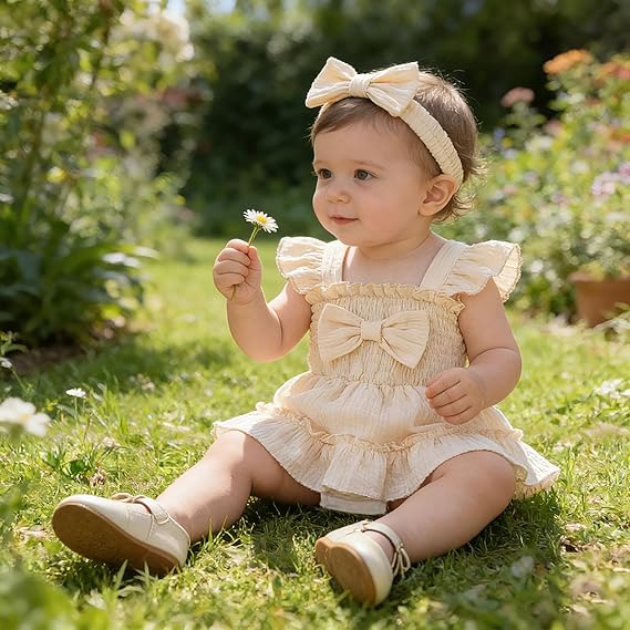 Newborn Baby Girl Summer Clothes Sleeveless Smocked Romper Dress Ruffles Jumpsuit Bodysuit with Bow Headband