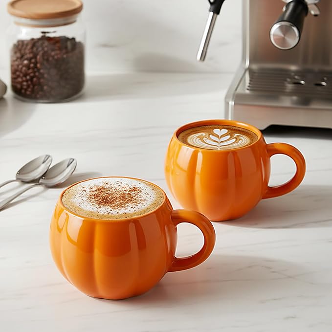 Orange Pumpkin Coffee Mugs Set of 2-17oz Orange Tea Mug with Handle | Microwave & Dishwasher Safe | Large Capacity & Wide Mouth | Cute Halloween & Fall Gift