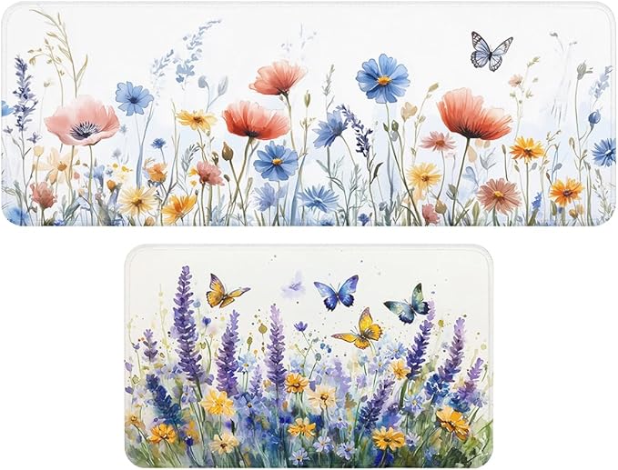 2 Piece Floral Kitchen Decor Rugs Set, Colorful Poppy Butterfly Daisy Flower Kitchen Rugs and Mats Non Skid Washable Absorbent Kitchen Accessories Decoration Floor Mats 17"x47"+17"x30"