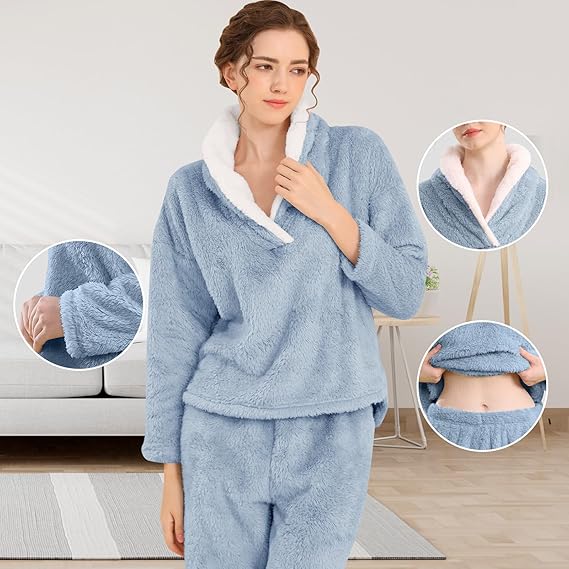 Fluffy Pajamas for Women Set Soft Comfy Fleece Pjs Pullover Pants Loose Plush 2 Piece Sleepwear Fuzzy for Winter