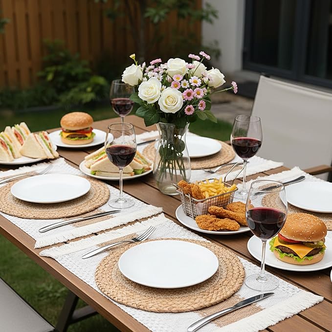 Handmade Boho Placemats Set of 4 - Farmhouse Style Placemats, Natural Cotton Burlap and Water Straw Woven Combination Table Mats, Handmade Round Woven Table Mats for Dining Tables Kitchen