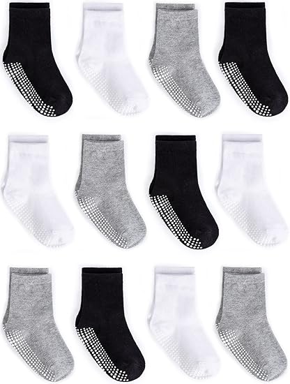 Baby Non Slip Grip Crew Socks with Anti Skid Soles for Infants Toddlers Kids Boys Girls