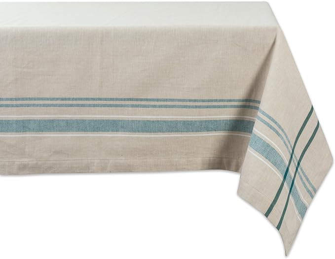 French Stripe Tabletop Collection Farmhouse Style Dining Table Linen Tablecloth, 60x84, Taupe/Teal