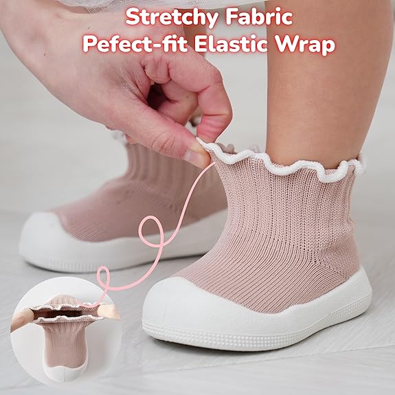 Baby Girl Sock Shoes Toddler Ruffle Walking Shoes Infant Non-Slip Slippers Soft Rubber Sole Sneakers Lightweight Breathable Barefoot Shoes