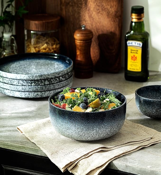 CERAMICS Cereal Bowls - 36 Ounce, Japanese Noodle Bowl Set, Ceramic Bowls for Kitchen, Breakfast, Oatmeal, Microwave and Dishwasher Safe, [Set of 4], Dark Blue