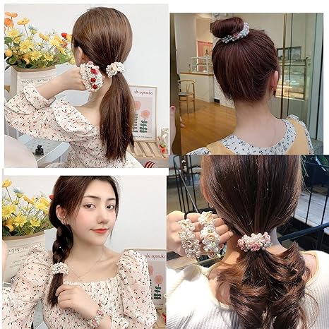 Crystal Hair Tie Fancy Elastic Hair Bead Ponytail Holder Handmade Rhinstone Hair Accessories For Women And Girls (3-flower with pearl 4 pcs)