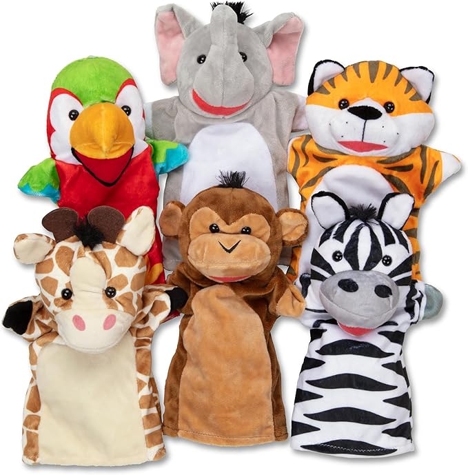 Hand Puppets, Set of 6 (Elephant, Tiger, Parrot, Giraffe, Monkey, Zebra) Soft, Plush Puppet, Stuffed Animals, Pretend Play Toddler Toys for Girls & Boys 2+