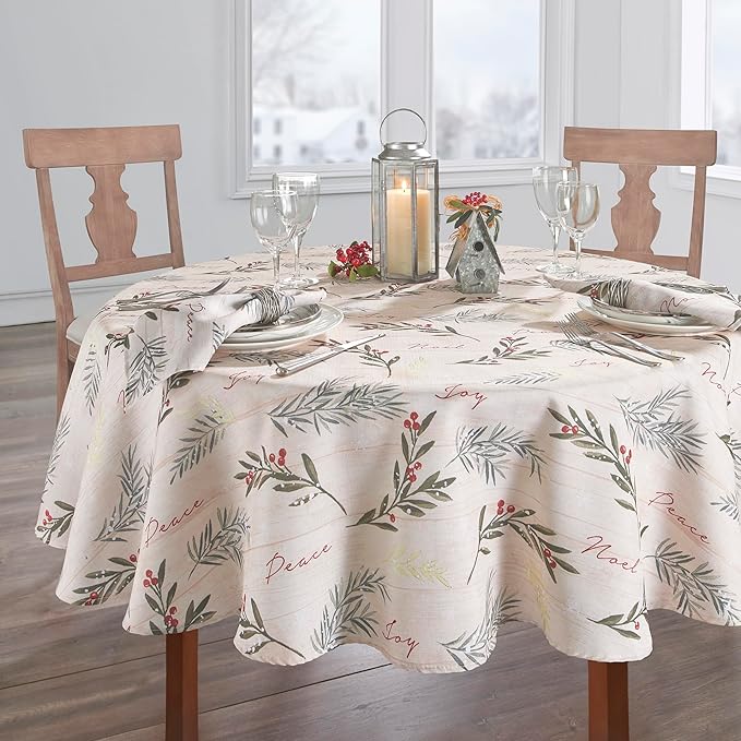 Holiday Tree Trimmings Wrinkle Resistant Fabric Christmas Tablecloth, 70", Round