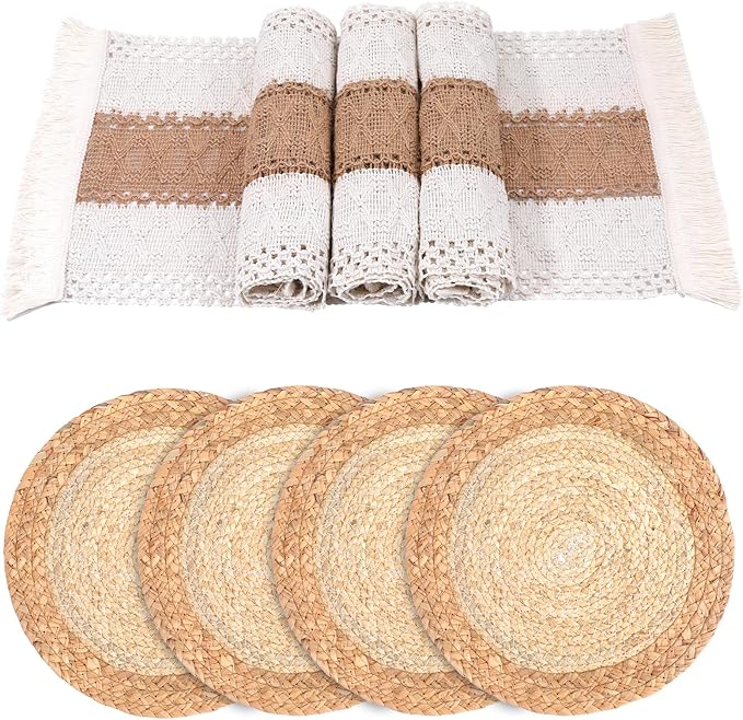 Handmade Boho Placemats Set of 4 - Farmhouse Style Placemats, Natural Cotton Burlap and Water Straw Woven Combination Table Mats, Handmade Round Woven Table Mats for Dining Tables Kitchen
