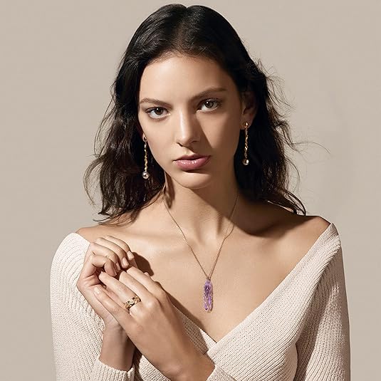 Healing Crystal Necklace Tree of Life Wire Wrapped Natural Stone Point Pendant Necklace Hexagonal Reiki Spiritual Quartz Gemstone Jewelry for Women Men