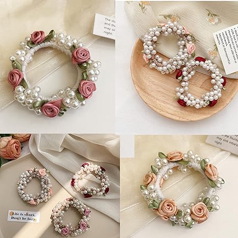 Crystal Hair Tie Fancy Elastic Hair Bead Ponytail Holder Handmade Rhinstone Hair Accessories For Women And Girls (3-flower with pearl 4 pcs)