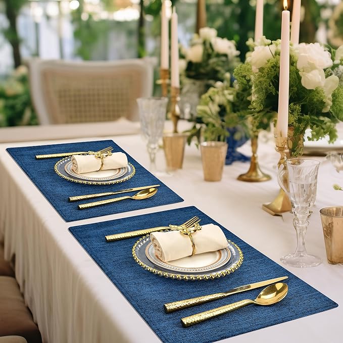 Navy Linen-Look Fabric Placemats Set of 4, Heat Resistant & Machine Washable Double-Layered Cloth Placemats for Dining Table, Indoor/Outdoor Use, Non-Slip Kitchen Table Mats (4, Navy)