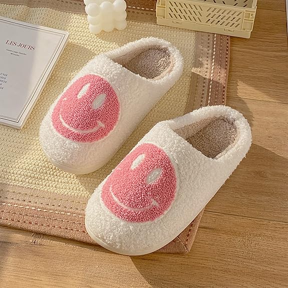 Smile Face Slippers for Women - Soft Plush Retro Preppy Slip-on Comfortable Indoor/Outdoor Shoes
