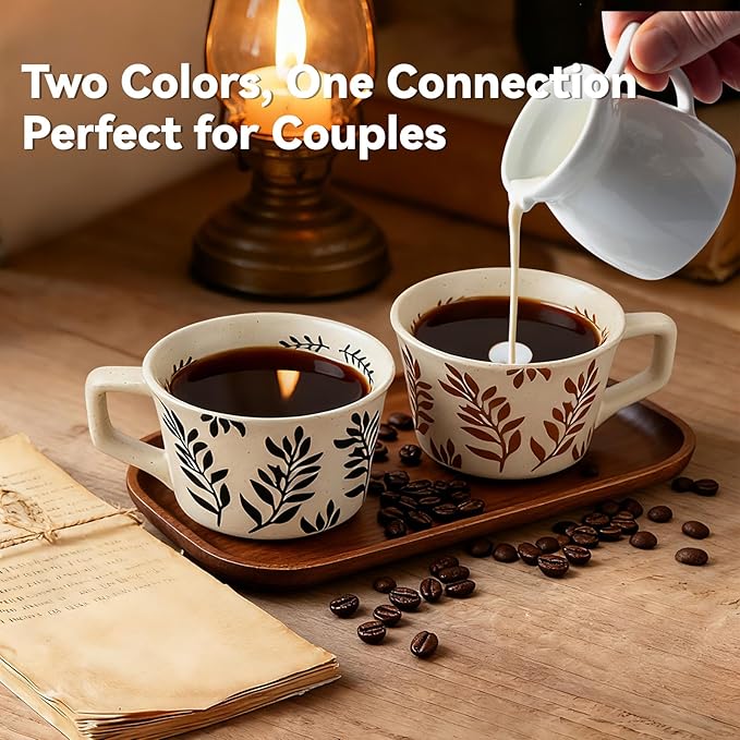 Ceramic Coffee Couple Mugs Set, 12 oz Coffee Mugs, Vintage Espresso Cups with Handles for Latte, Cappuccino, Espresso, Mocha, Hot Tea, Dishwasher & Microwave Safe for Couples Gifts Set of 2