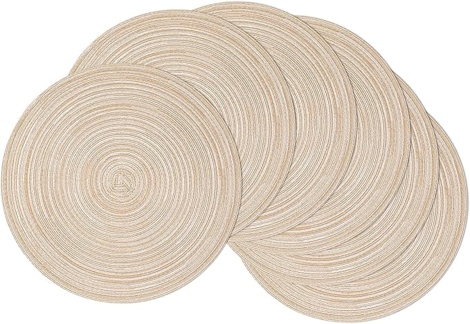 15 inch Round Braided Placemats Set of 6 Non Slip Heat Resistant Cotton Polyester Table Mats Washable Place Mats for Kitchen Dining Party Table Decor (Beige, 6)