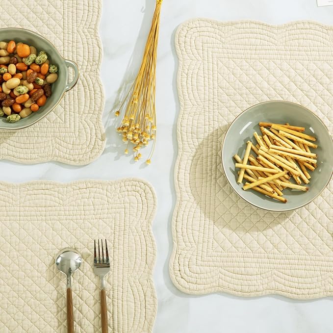 Quilted Placemats Set of 6 Washable-13x18 inches Rectangular Placemats for Kitchen Table-100% Cotton Fabric Rectangular Table Mats, (Flax)