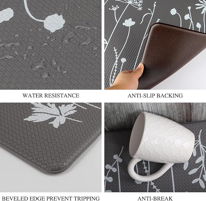 2 Pcs Kitchen Rugs and Mats, Cushioned Anti-Fatigue Floor Mat, PVC Non-Slip Waterproof Kitchen Rug Set for Kitchen, Office, Sink 17"x47"+17"x29" (Grey)