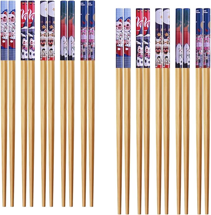 10Pairs Handmade Natural Bamboo Chopsticks Healthy Asian Japanese Korean Noodles Sushi Chopsticks set Reusable Gift Tableware-Cute Cat Drawing